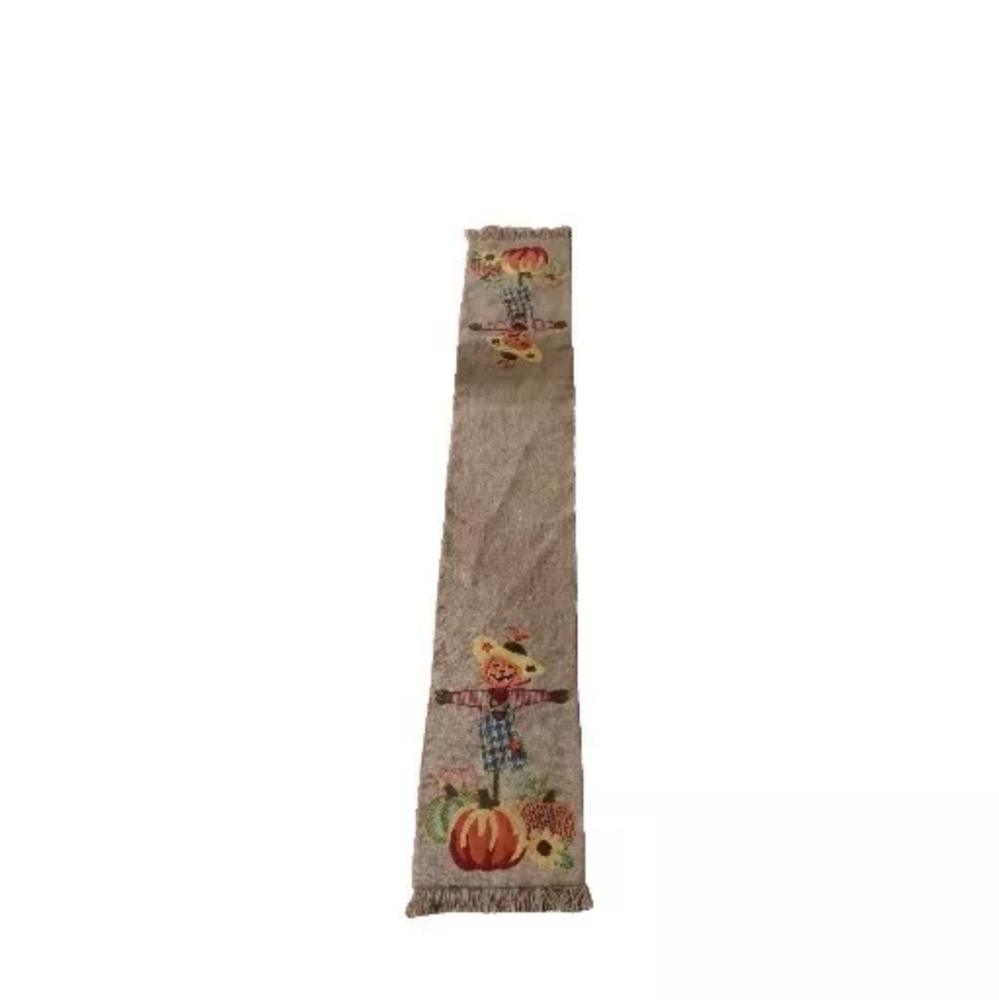 Fall table runner Embroidered Scarecrows & Pumpkins Burlap Front Lined 72"X 13"